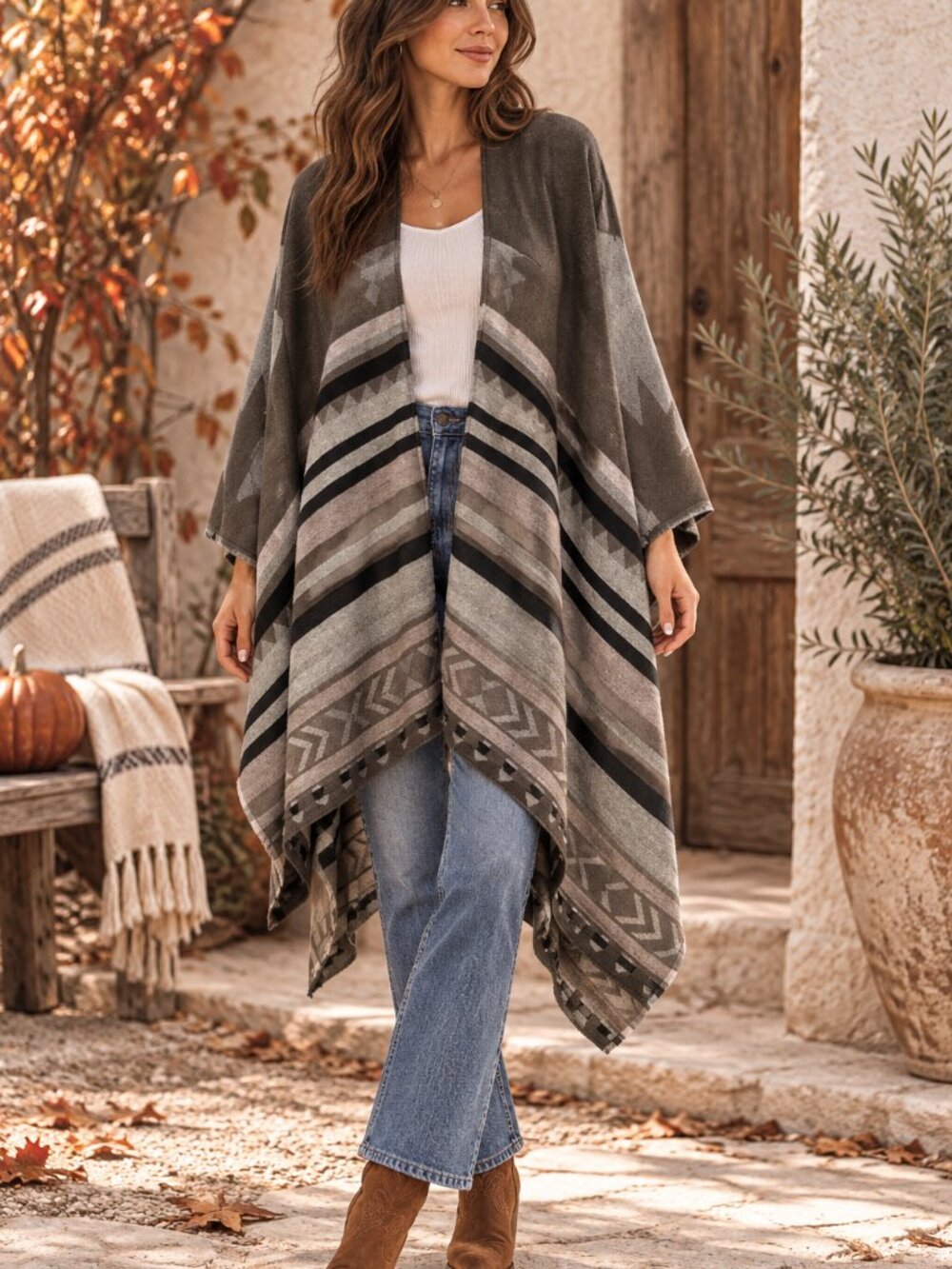 Womens Aztec Poncho Shawl Earth Tone Western Boho Blanket Wrap Fringe Cowgirl